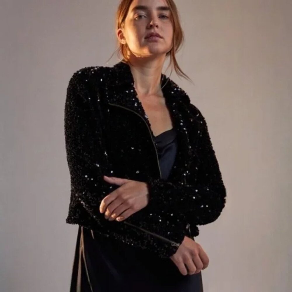 Black sequin moto jacket, NEW With Tags! - Picture 2 of 6
